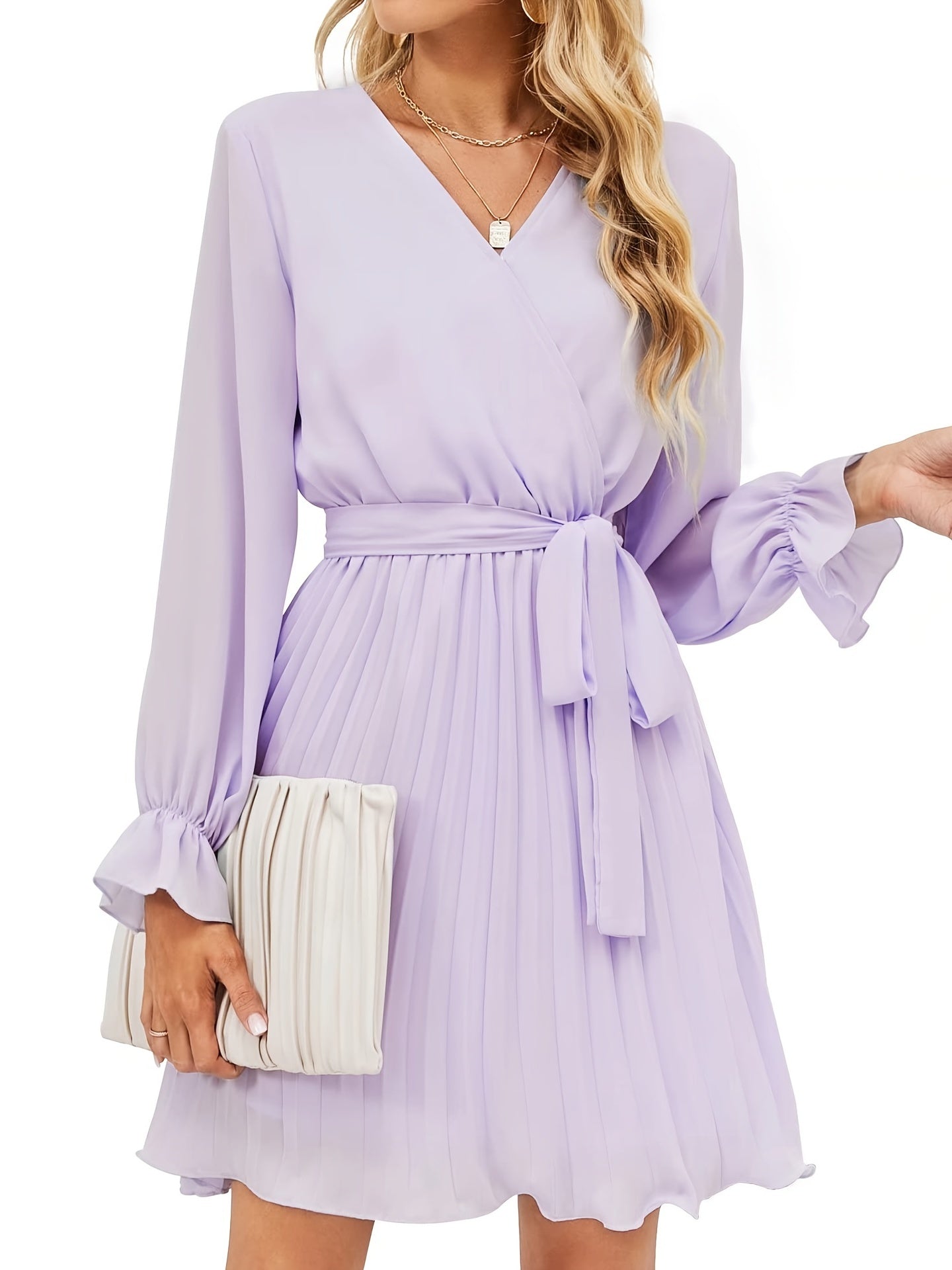 Sixsr Surplice Neck Pleated Dress, Elegant Long Sleeve Dress For Spring & Fall, Women's Clothing