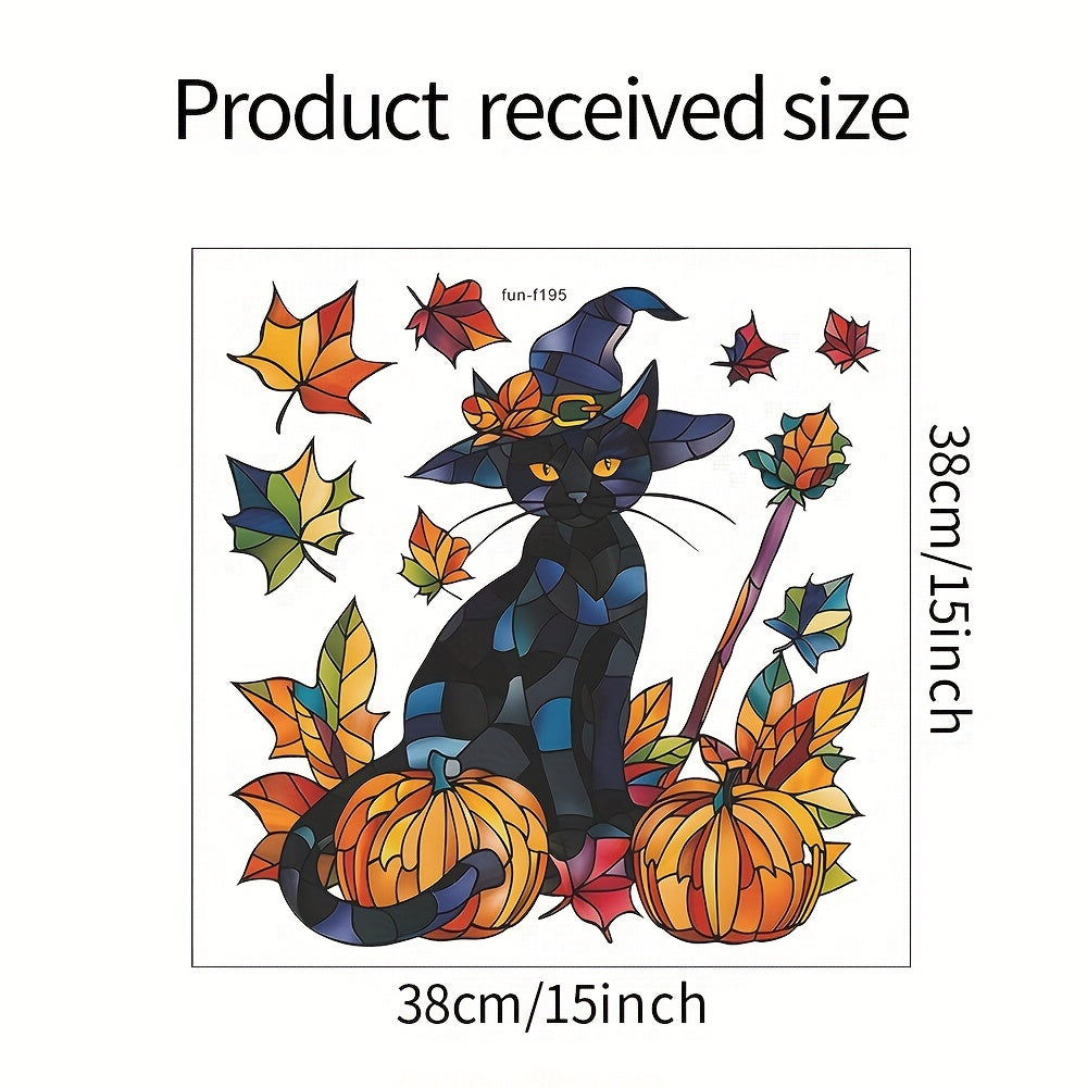 Festive Halloween Wall Decal: Black Cat, Pumpkins, and Fall Leaves - 38cm x 15inch - Contemporary Design - Self-Adhesive - Durable Vinyl - Perfect for Glass Windows and Doors