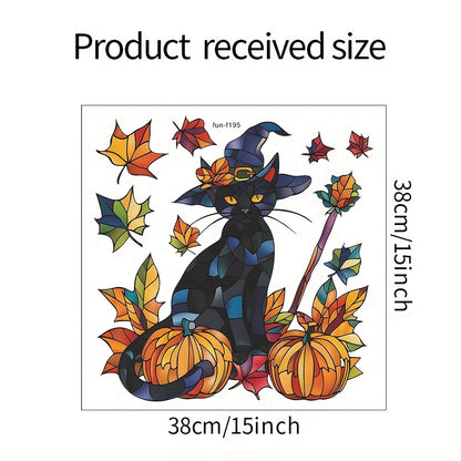 Festive Halloween Wall Decal: Black Cat, Pumpkins, and Fall Leaves - 38cm x 15inch - Contemporary Design - Self-Adhesive - Durable Vinyl - Perfect for Glass Windows and Doors