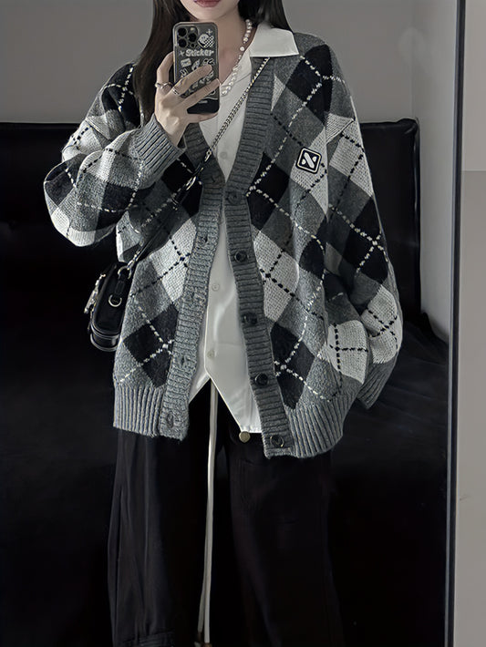 Sixsr Argyle Print Button Front Knit Cardigan, Casual V Neck Long Sleeve Sweater, Women's Clothing