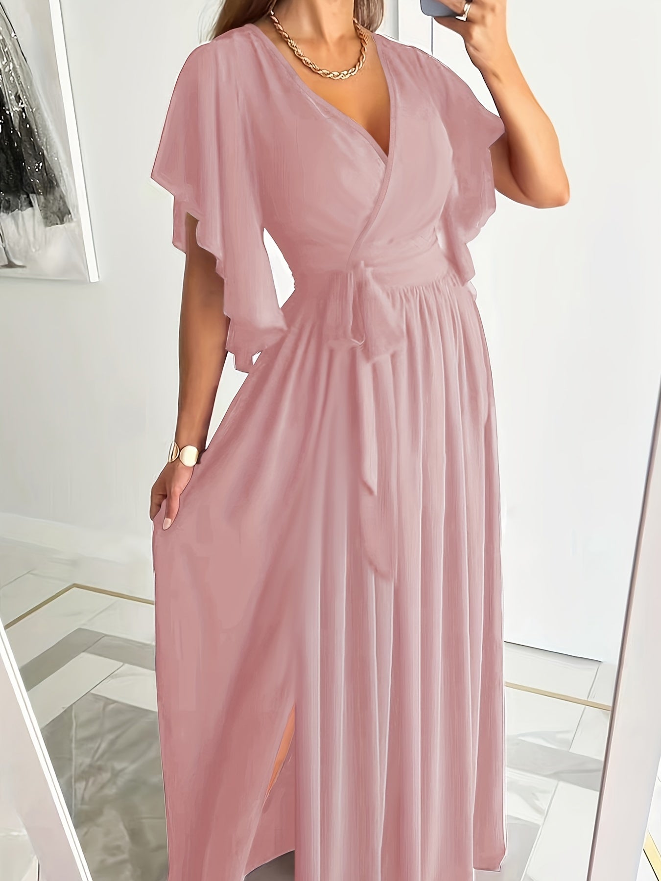 Elegant Plus Size Maxi Dress with Ruffle Sleeves and High Split Hem - Perfect for Special Occasions