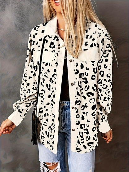 Sixsr Plus Size Casual Coat, Women's Plus Leopard Print Long Sleeve Lapel Collar Button Up Flap Pocketed Jacket