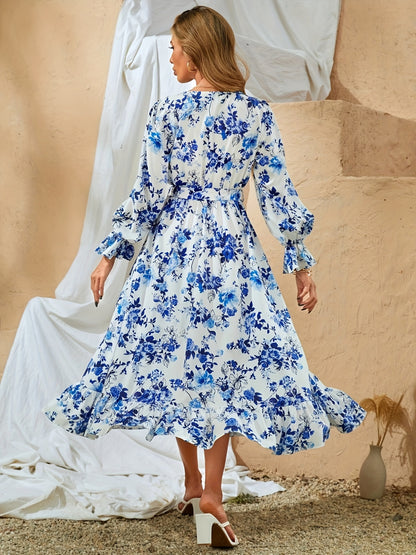 Floral Print V Neck Dress, Elegant Ruffle Hem Dress For Spring & Fall, Women's Clothing