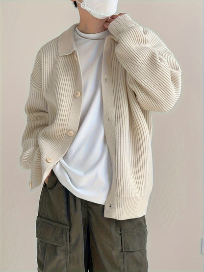 Sixsr Men's Stylish Solid Loose Knitted Cardigan, Casual Medium Stretch Breathable Long Sleeve Button Up Top For City Walk Street Hanging Outdoor Activities