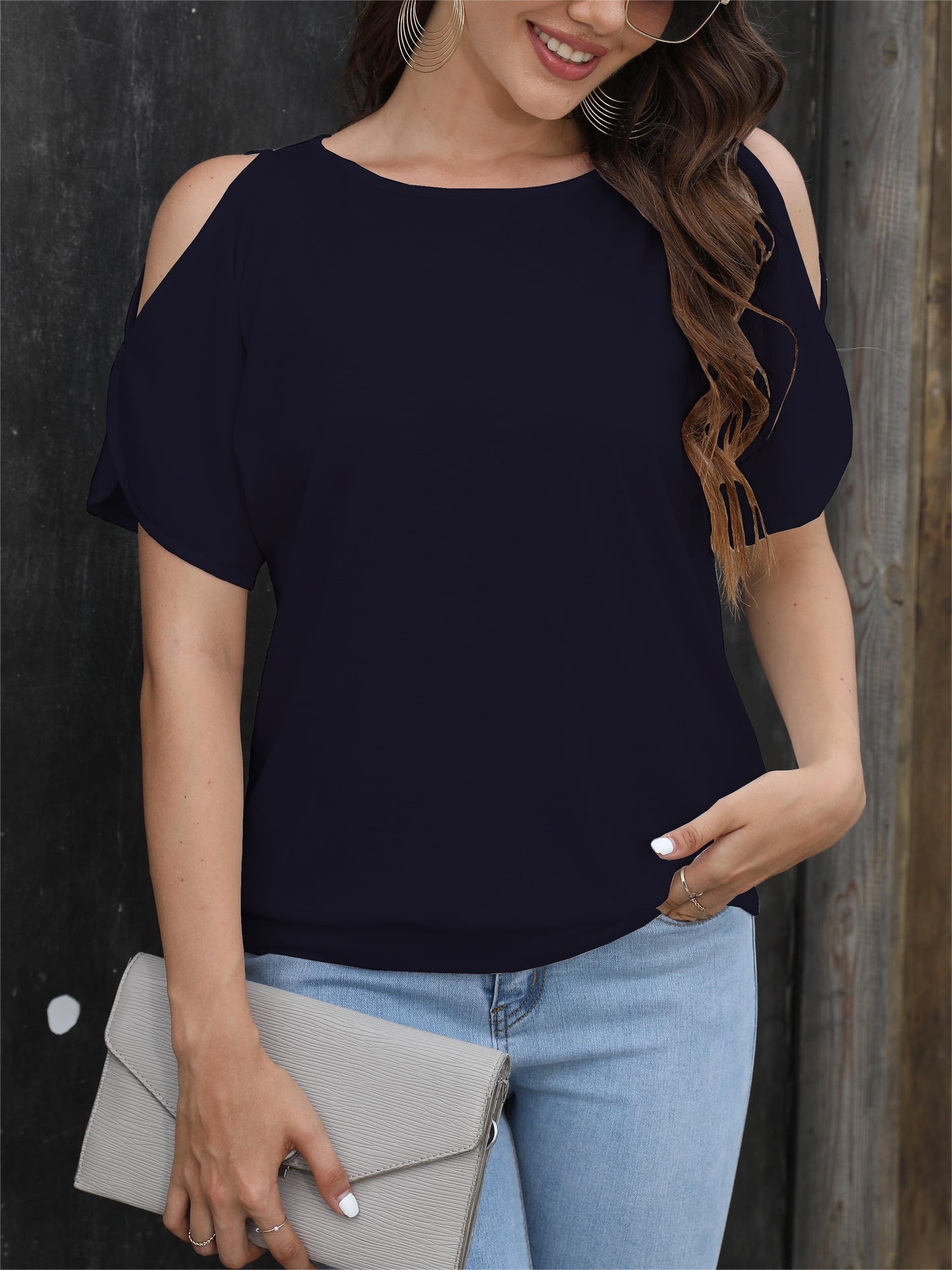 Cold Shoulder Crew Neck T-Shirt, Casual Short Sleeve T-Shirt For Spring & Summer, Women's Clothing