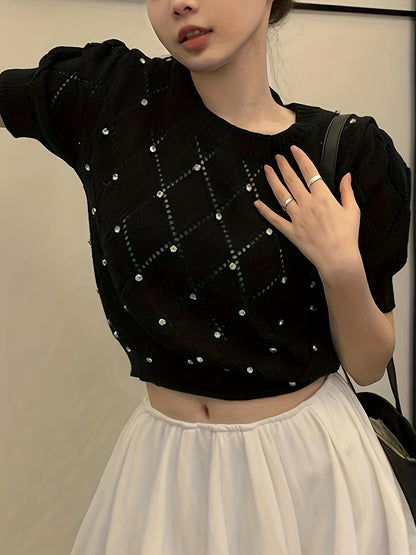 Sixsr Rhinestone Crew Neck Pointelle Knit Sweater, Causal Puff Short Sleeve Pullover Sweater, Women's Clothing