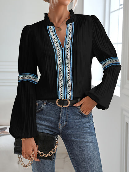 Sixsr Colorful Lace Stitching Blouse, Casual Long Sleeve Blouse For Spring & Fall, Women's Clothing