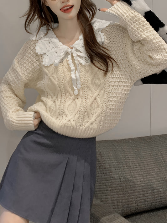 Sixsr Geo Pattern Peter Pan Collar Sweater, Sweet Long Sleeve Sweater For Fall & Winter, Women's Clothing