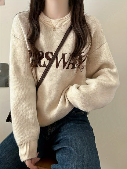 Sixsr Letter Pattern Crew Neck Pullover Sweater, Casual Long Sleeve Drop Shoulder Sweater, Women's Clothing