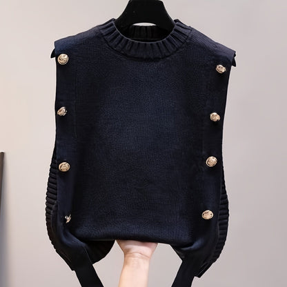 Sixsr Solid Button Sweater Vest, Crew Neck Sweater Vest For Fall & Winter, Women's Clothing