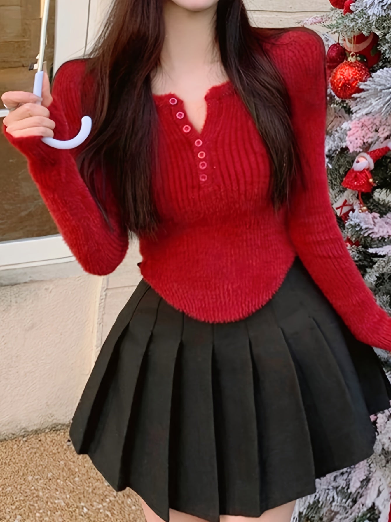 Sixsr Solid Button Up Pullover Sweater, Casual Long Sleeve Hanky Hem Sweater, Women's Clothing