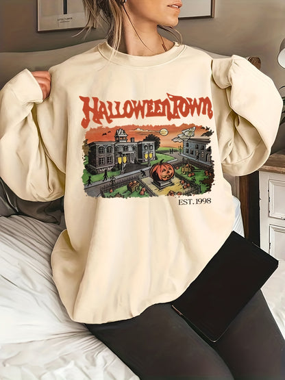 Sixsr Plus Size Halloween Casual Sweatshirt, Women's Plus Graphic & Art Letter Print Long Sleeve Round Neck Sweatshirt