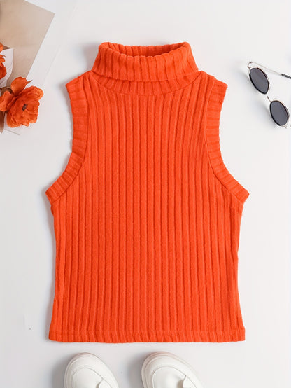 Sixsr Rib Knit High Neck Sweater Knitted Top, Sleeveless Casual Tank Top, Women's Clothing