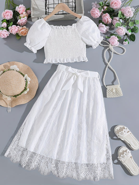 Girls Puff Sleeve Shirred Top & Bow Belted Lace Skirt 2pcs Cute Elegant Kids Clothes