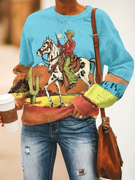 Sixsr Plus Size Casual Sweatshirt, Women's Plus Cowboy Print Long Sleeve Round Neck Western Style Sweatshirt