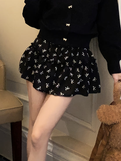 Sixsr Bow Print Ruffle Hem Skirt, Casual Mini Skirt For Summer, Women's Clothing