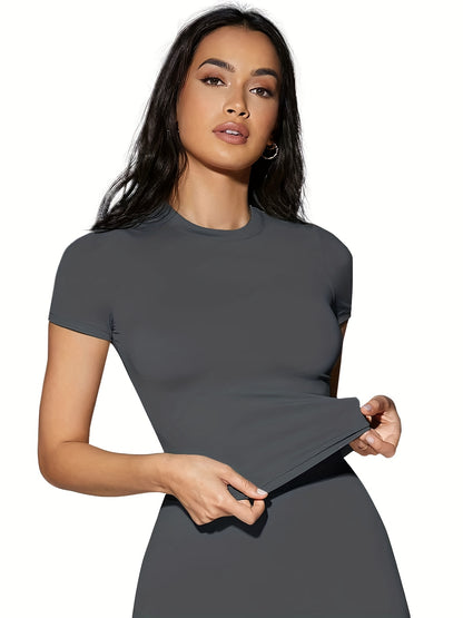 Sixsr Solid High Stretch Short Sleeve T-shirt, Casual Crew Neck Basic Slim T-shirt, Women's Clothing