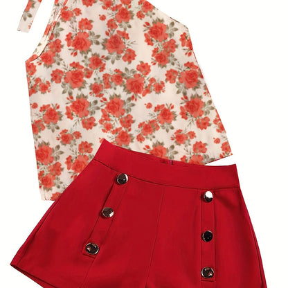 Vacation Beach Two-piece Set, Floral Print Ruched Sleeveless Top & Buttons Solid Shorts Outfits, Women's Clothing