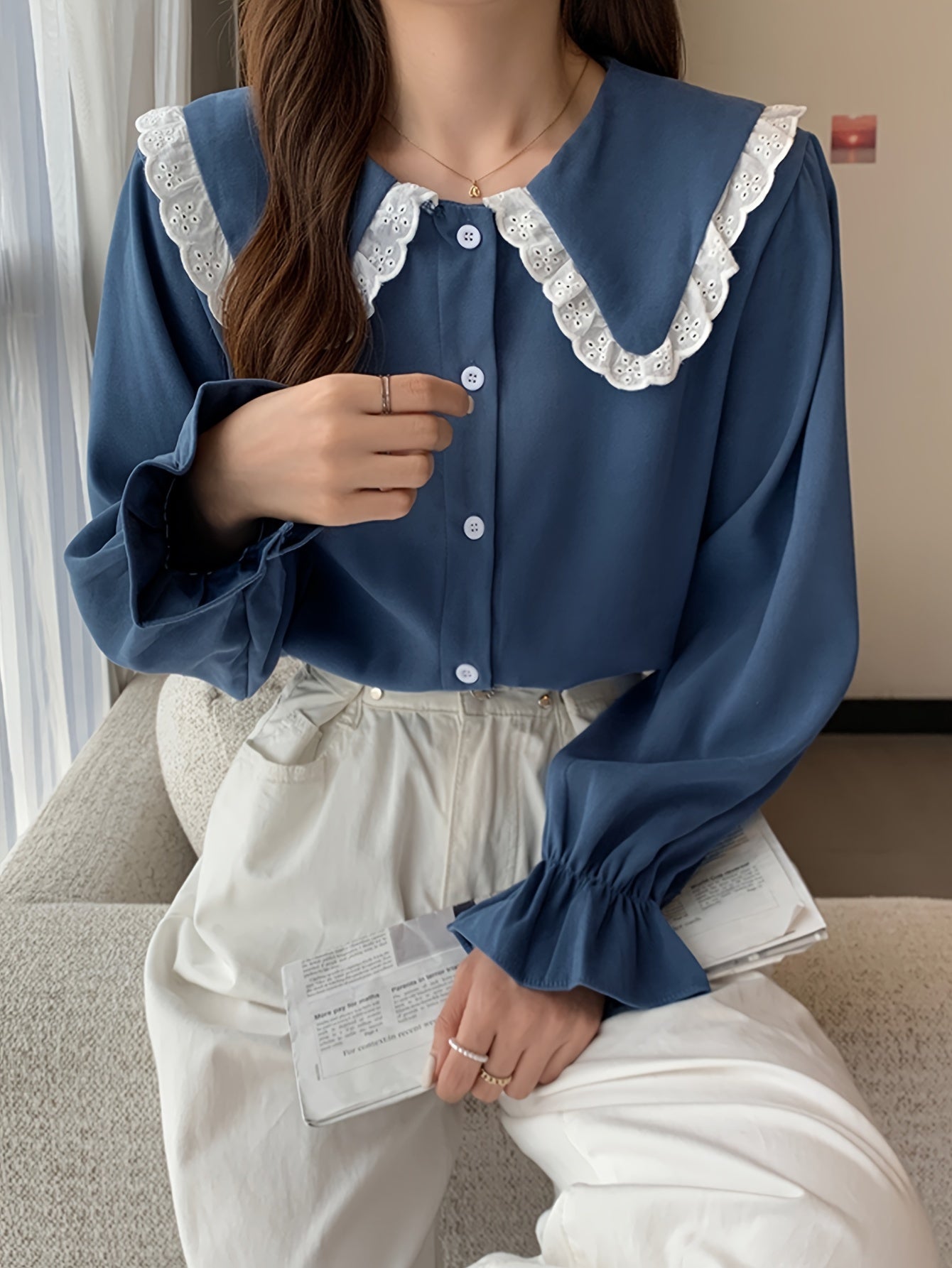 Sixsr Eyelet Lace Stitching Peter Pan Collar Shirt, Sweet Long Sleeve Button Front Shirt For Spring & Fall, Women's Clothing