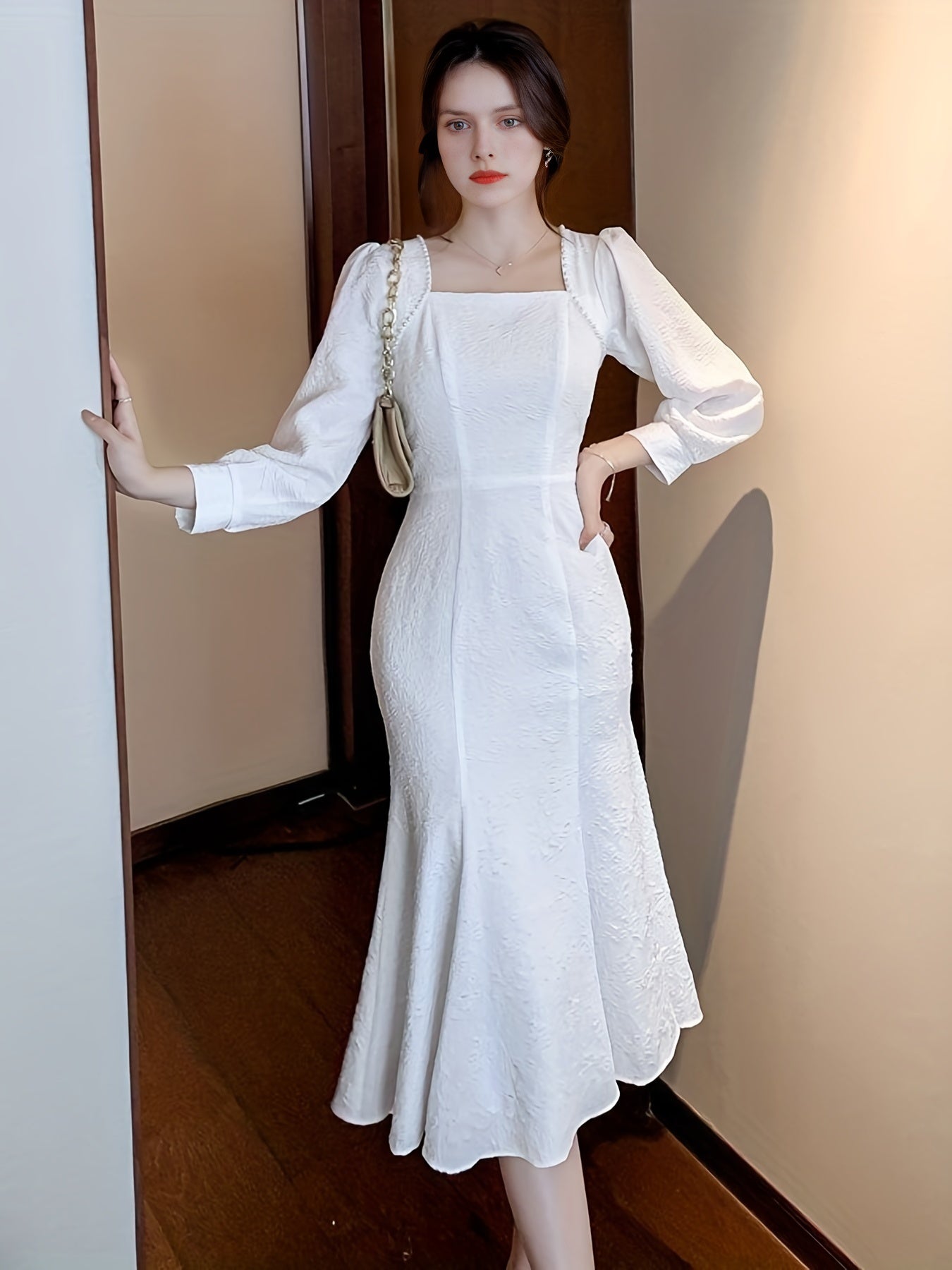 Sixsr Squared Neck Solid Dress, Elegant Long Sleeve Mermaid Hem Evening Dress, Women's Clothing