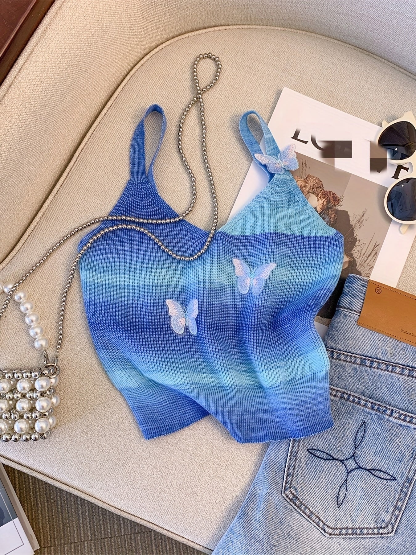 Sixsr Butterfly Pattern Gradient Knitted Cami Top, Casual V Neck Summer Sleeveless Top, Women's Clothing