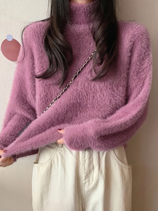 Sixsr Solid Mock Neck Plush Pullover Sweater, Casual Ong Sleeve Cozy Sweater, Women's Clothing