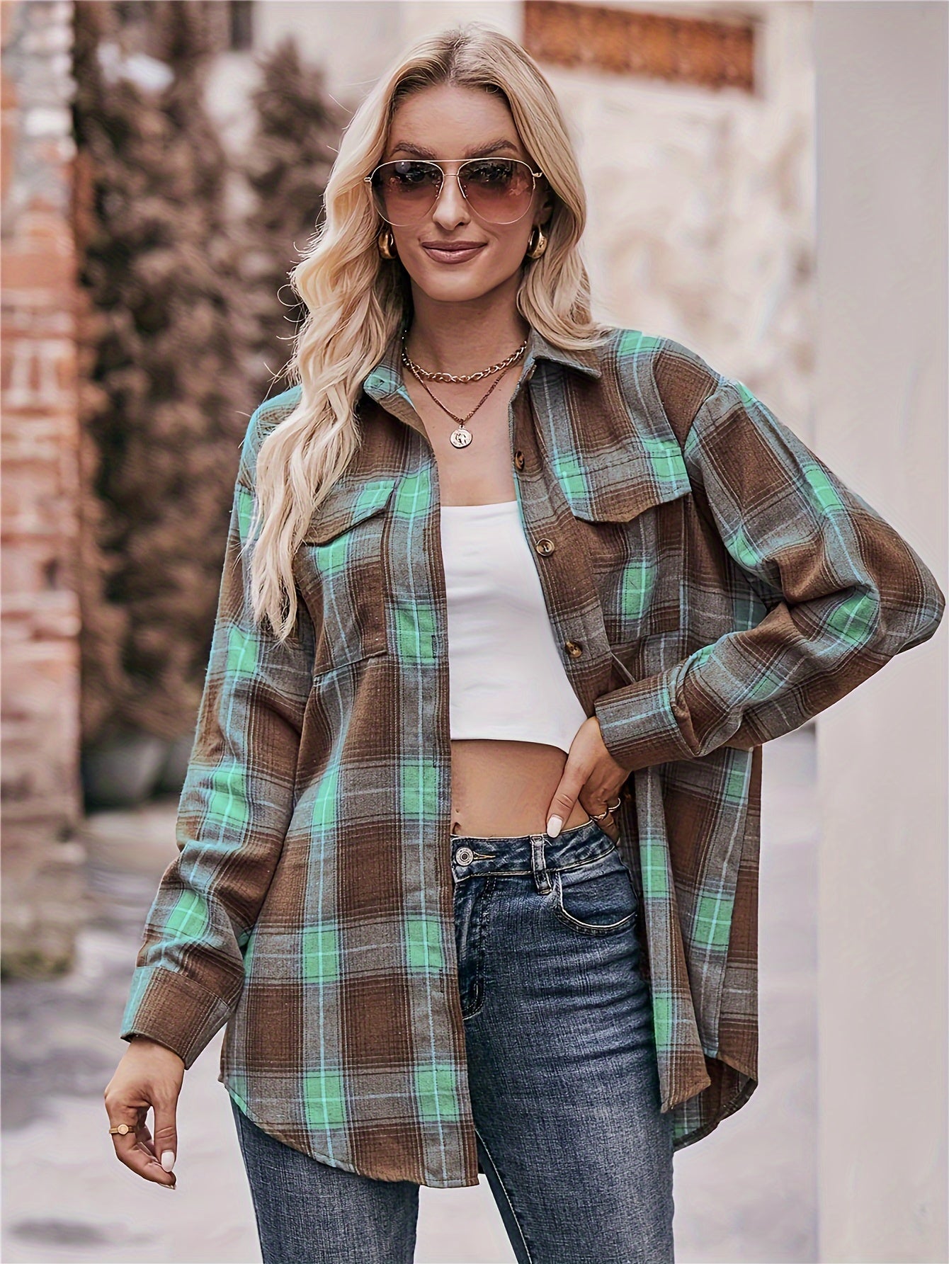 Sixsr Plaid Button Front Shirt, Elegant Long Sleeve Lapel Shirt, Women's Clothing