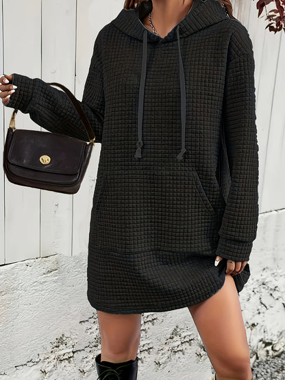 Sixsr Textured Drawstring Dress, Casual Hooded Long Sleeve Kangaroo Pocket Dress, Women's Clothing