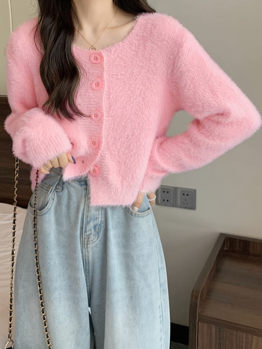 Sixsr Solid Button Down Knit Cardigan, Casual Long Sleeve Cozy Sweater, Women's Clothing