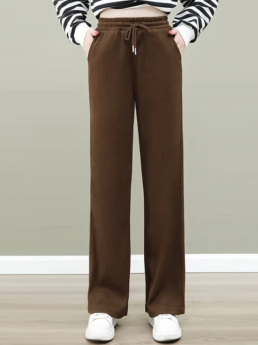 Sixsr Solid Straight Leg Pants, Casual Drawstring Waist Pocket Pants For Fall & Winter, Women's Clothing