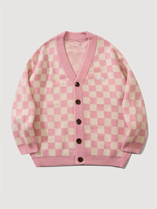 Sixsr Checkerboard Casual Loose And Versatile V-neck Cardigan Knit Sweater，Fashionable And Versatile，Suitable For Autumn And Winter
