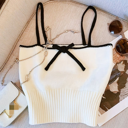 Sixsr Contrast Trim Spaghetti Strap Top, Casual Straight Neck Knit Cami Top, Women's Clothing