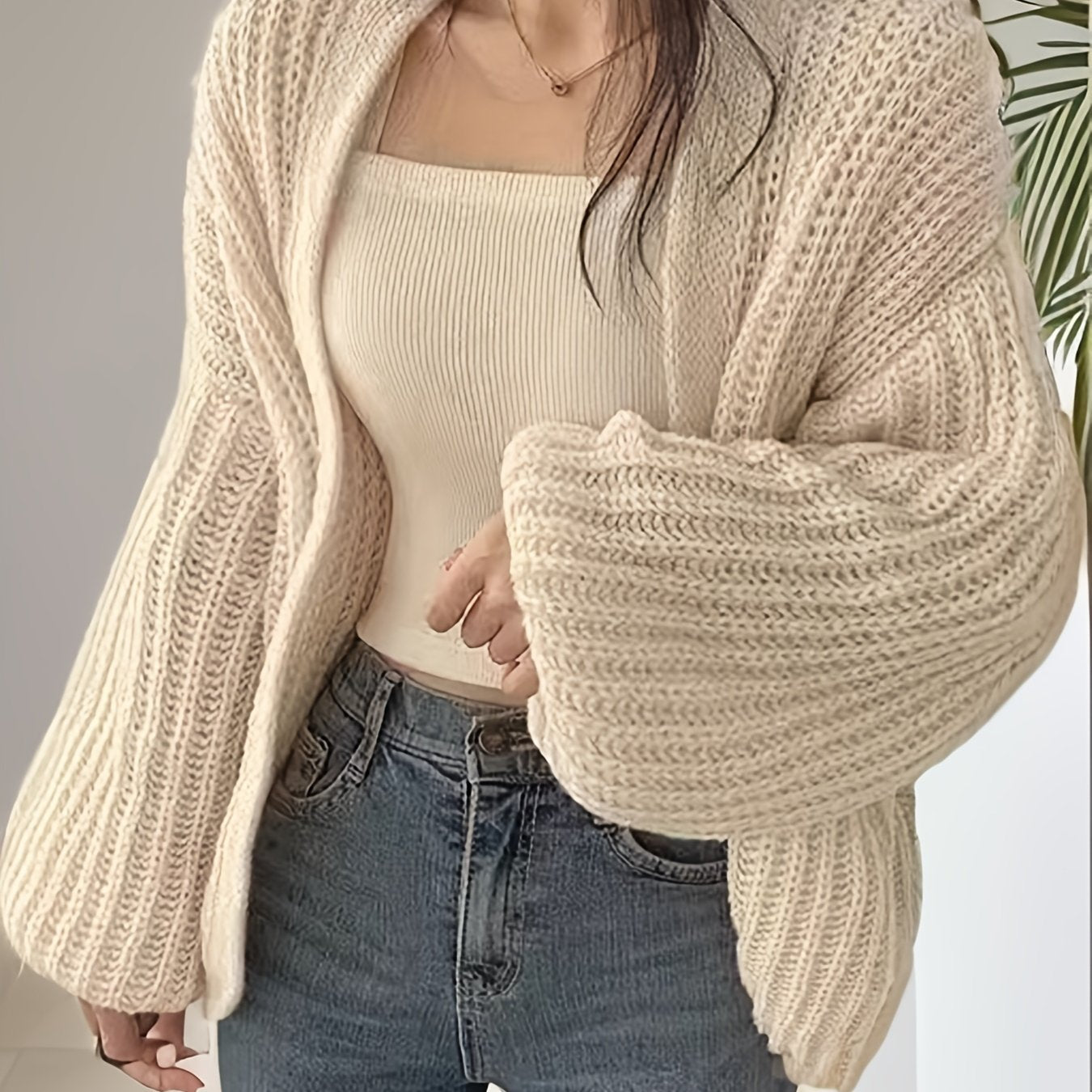 Sixsr Solid Open Front Knit Cardigan, Casual Long Sleeve Loose Slouchy Sweater, Women's Clothing