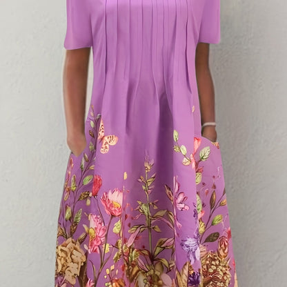 Sixsr Floral Print Pleated Front Dress, Casual Short Sleeve Dual Pockets Dress, Women's Clothing