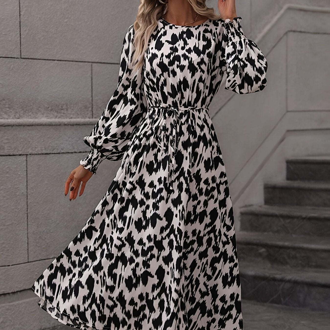 Leopard Print Crew Neck Dress, Elegant Long Sleeve Dress For Spring & Summer, Women's Clothing