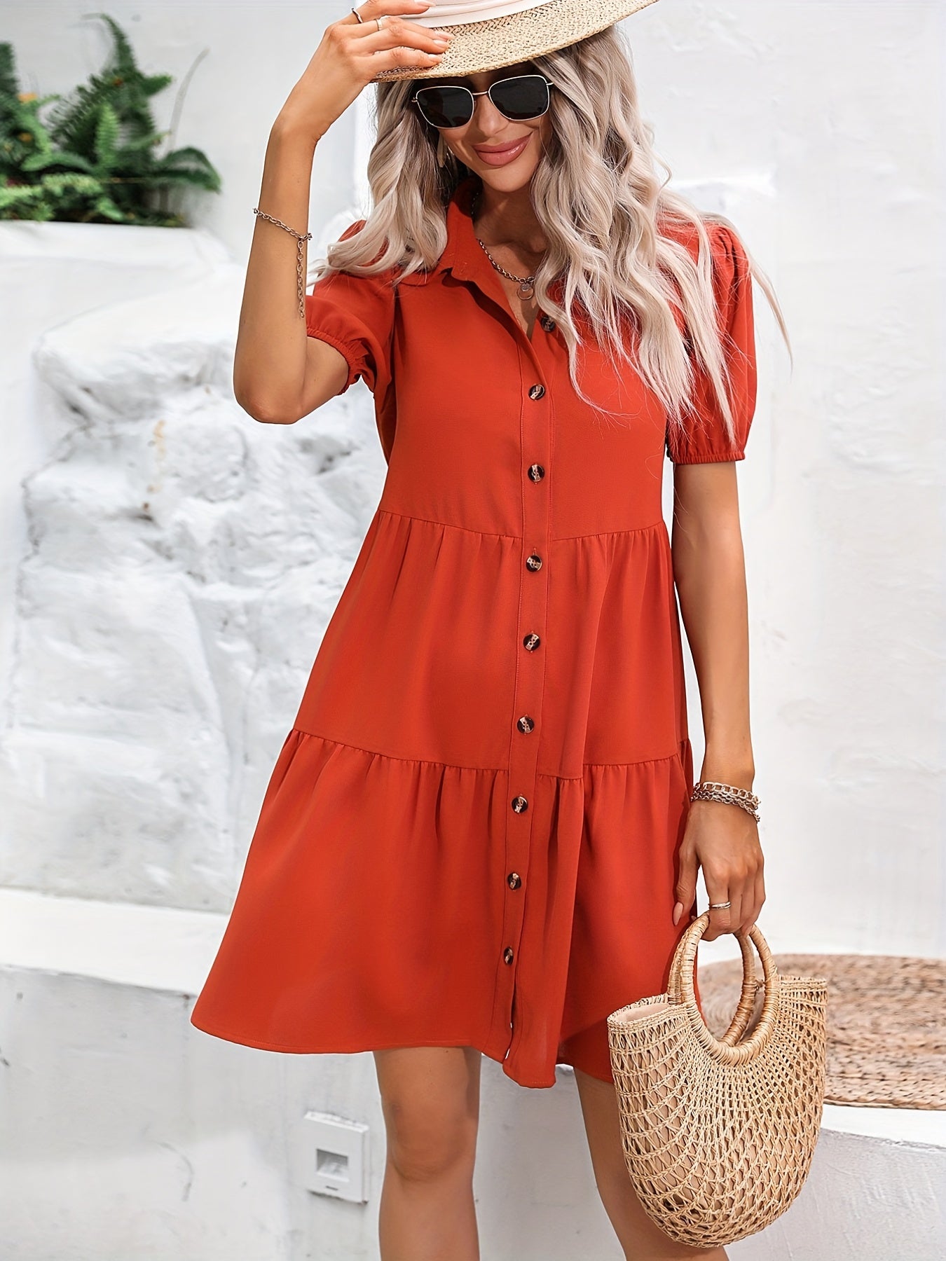 Sixsr Button Front Ruched Dress, Casual Short Sleeve Mini Dress With A Collar, Women's Clothing