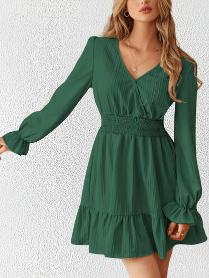 Sixsr Shirred Waist Ruffle Trim Dress, Casual V Neck Long Sleeve Dress, Women's Clothing