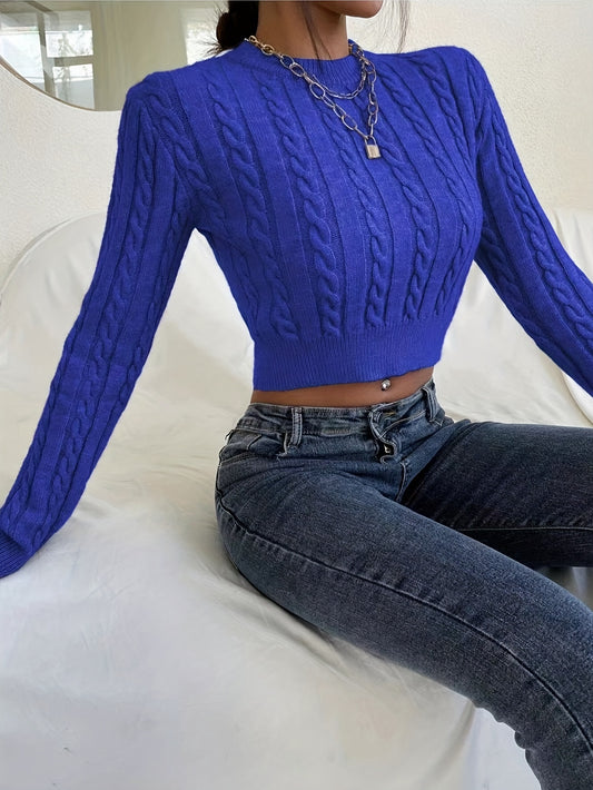 Sixsr Solid Cable Knit Sweater, Casual Crew Neck Long Sleeve Slim Sweater, Women's Clothing