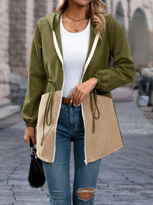 Sixsr Color Block Drawstring Jacket, Elegant Zip Up Hooded Long Sleeve Outerwear, Women's Clothing