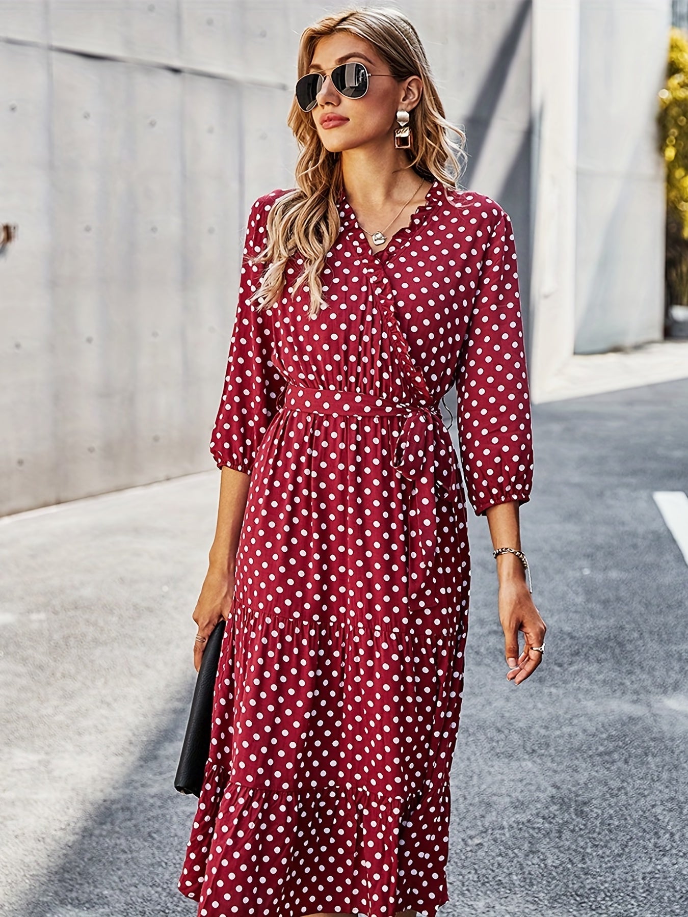 Sixsr Polka Dot Print 3/4 Sleeve Dress, Elegant Wrap Neck Midi Dress, Women's Clothing