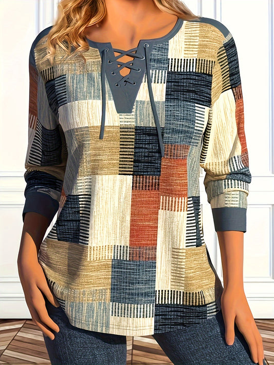 Sixsr Plus Size Casual T-shirt, Women's Plus Colorblock Stripe Print Long Sleeve Round Neck Lace Up Slight Stretch T-shirt