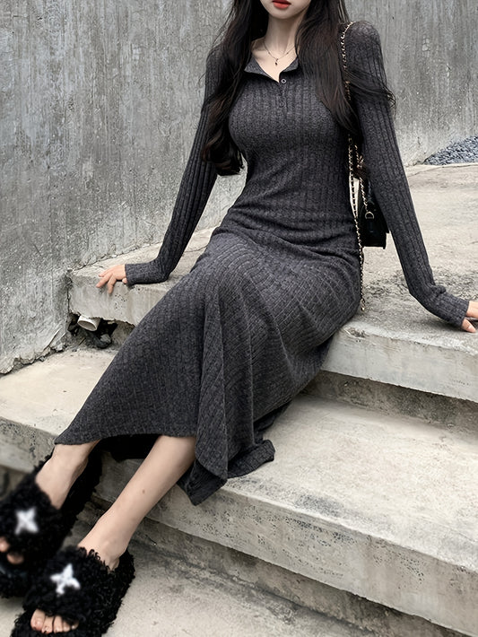 Sixsr Button Front Lapel Neck Ribbed Dress, Chic Solid Color Long Sleeve Dress For Fall & Winter, Women's Clothing