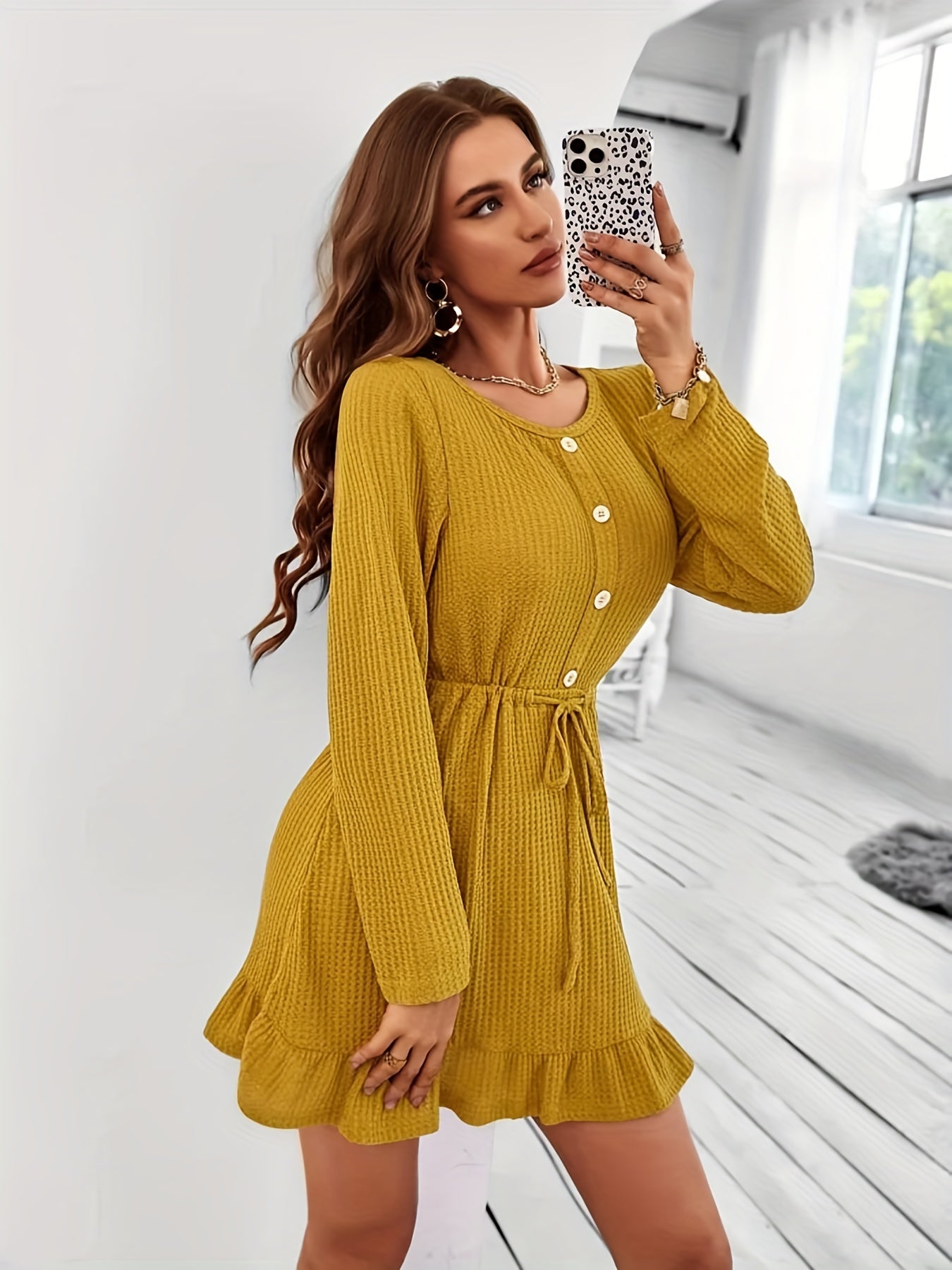 Sixsr Ruffle Hem Button Front Dress, Casual Long Sleeve Crew Neck Drawstring Dress, Women's Clothing