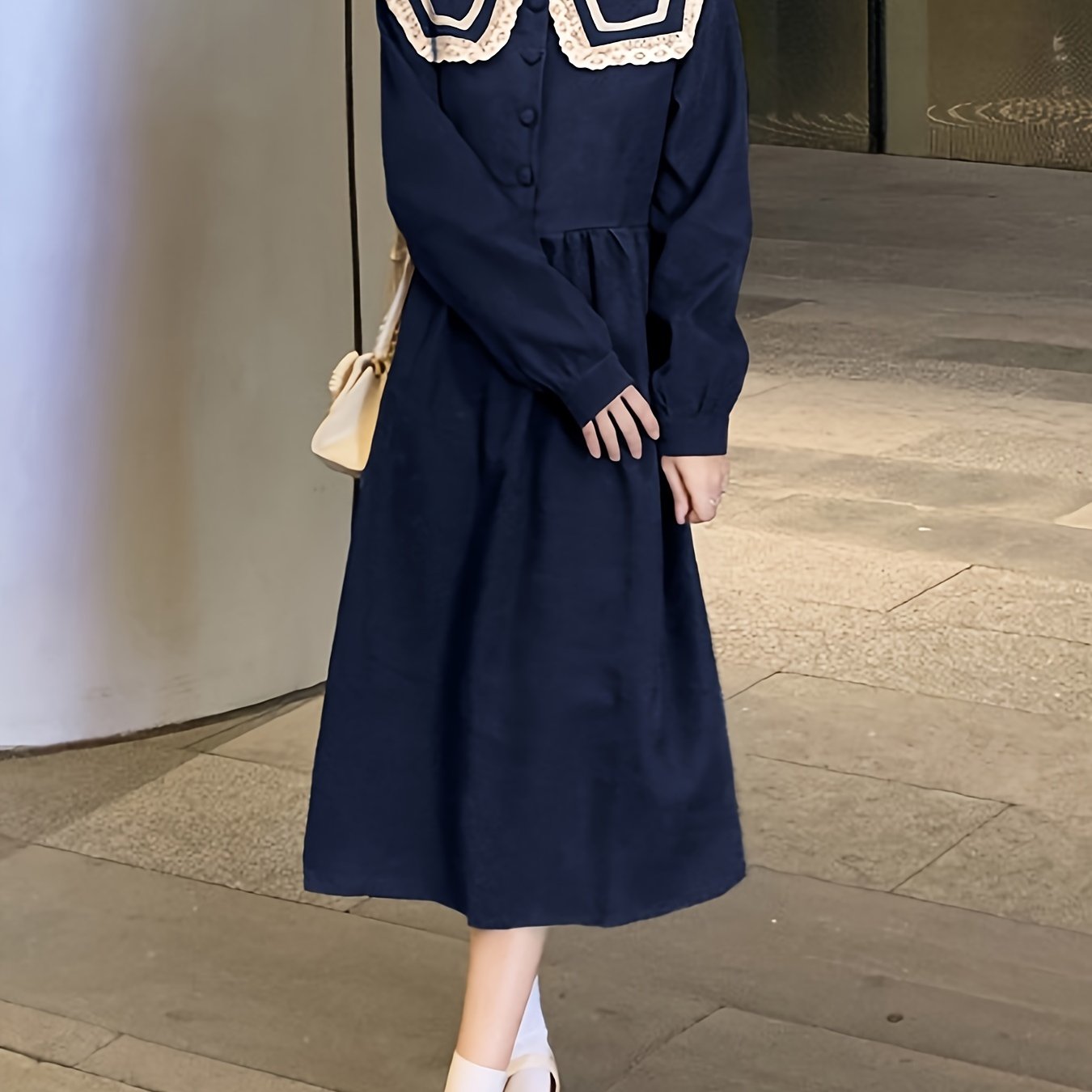 Sixsr Contrast Trim Sailor Collar Belted Dress, Preppy Long Sleeve Ruffle Hem Aline Dress For Spring & Fall, Women's Clothing