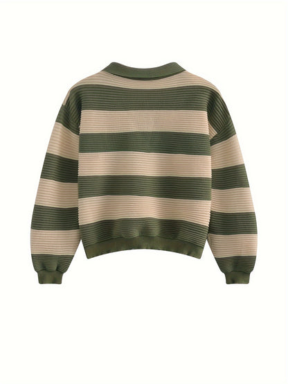 Sixsr Striped Tie Neck Pullover Sweater, Casual Long Sleeve Drop Shoulder Sweater, Women's Clothing