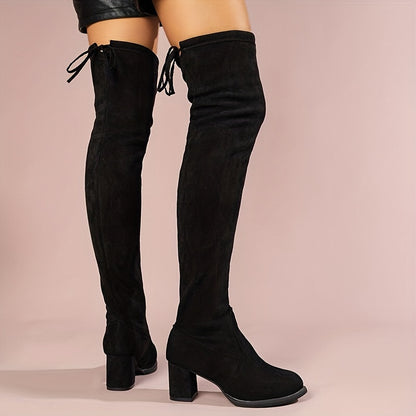 Sixsr Women's Over The Knee Boots, Chunky Heeled Drawstring Pull On Long Boots, Fashionable Stretchy Boots