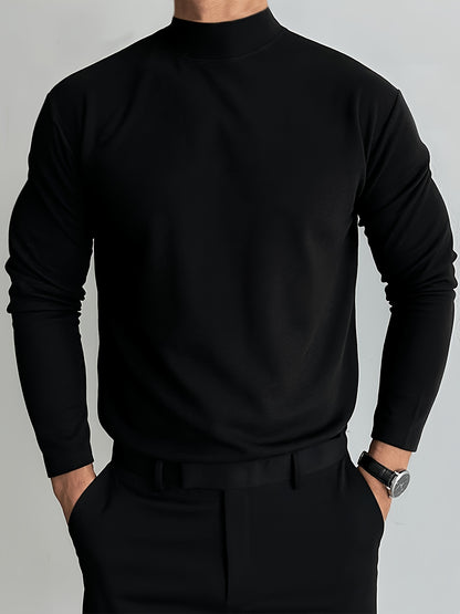 Sixsr Solid Comfy Men's Slim Fit Knitted Long Sleeve Turtleneck Bottoming Shirt, Men's Fleece Warm Top, Fall Winter