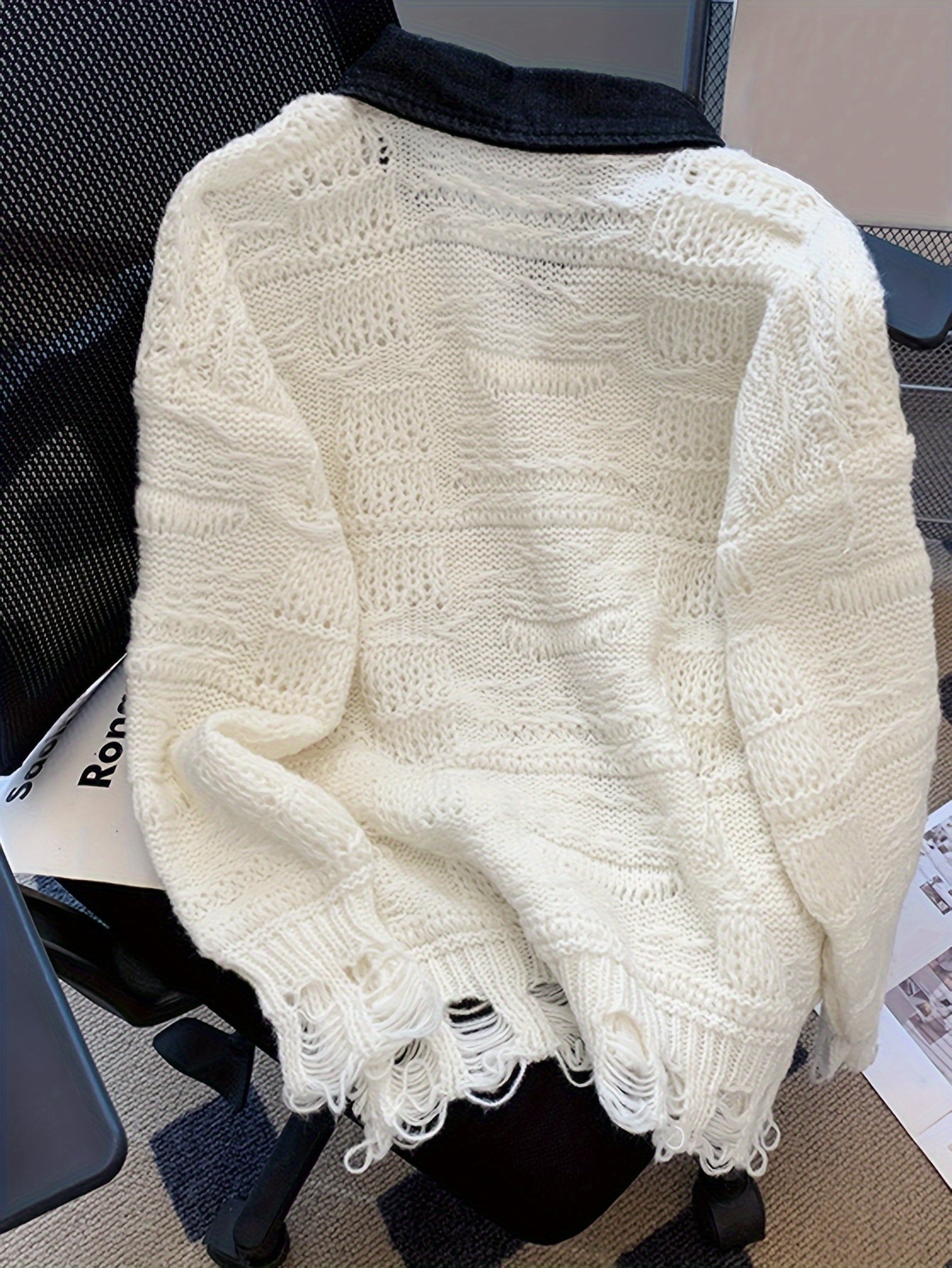 Sixsr Color Block Button Up Knit Cardigan, Casual Turndown Collar Long Sleeve Ripped Sweater, Women's Clothing