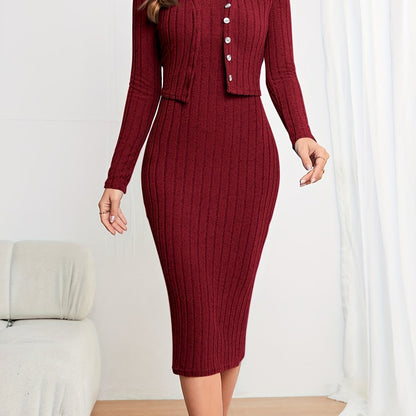 Sixsr Solid Ribbed Two-piece Set, Button Front Long Sleeve Cardigan & Sleeveless Bodycon Dress Outfits, Women's Clothing