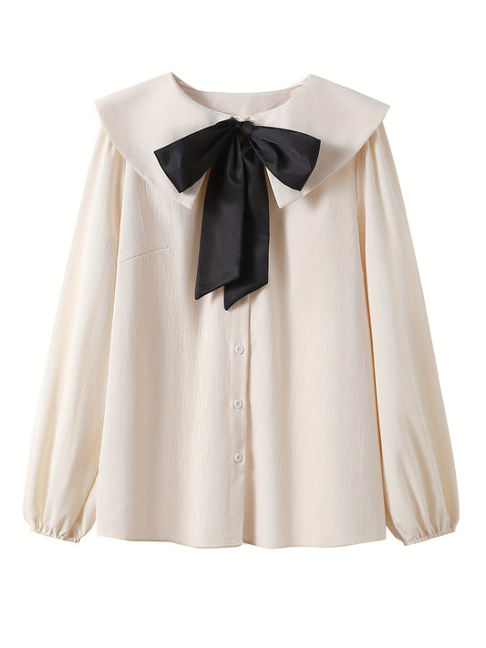 Sixsr Plus Size Elegant Blouse, Women's Plus Colorblock Bow Knot Peter Pan Collar Button Up Long Sleeve Top
